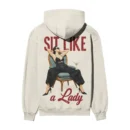 Sit Like a Lady Retro Manspreading Rebel – Zero Etiquette | Off/White Back Print Hoodie | Oolta Seedha