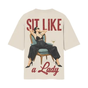 Sit Like a Lady Retro Manspreading Rebel – Zero Etiquette | Off/White Back Print T-Shirt | Oolta Seedha